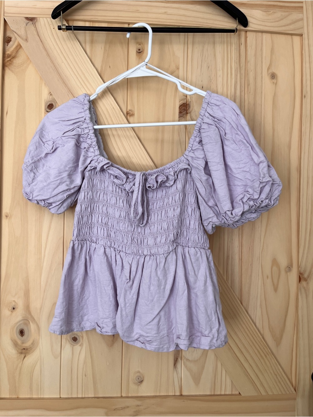 NEW LOOK LILAC SHIRRED PUFF SLEEVE SQUARE NECK PEPLUM LINEN BLEND TOP US 4